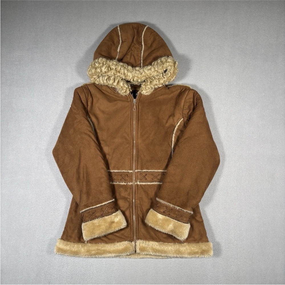 Vintage Y2k Big Chill Faux Suede & Fur Penny Lane Coat Jacket Hood Large Brown